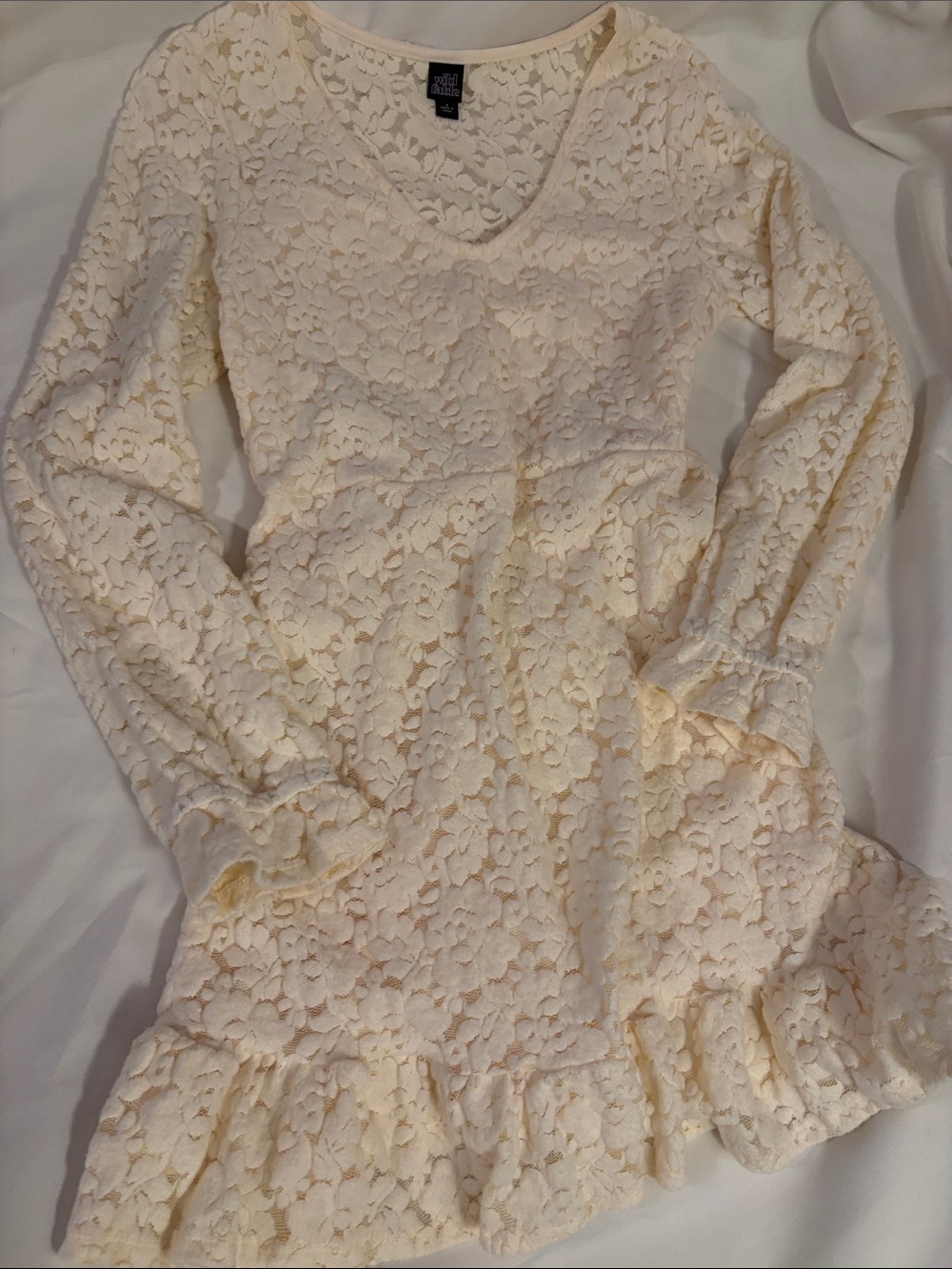 wild fable Cream Floral Lace Babydoll dress with Ruffle Hem
